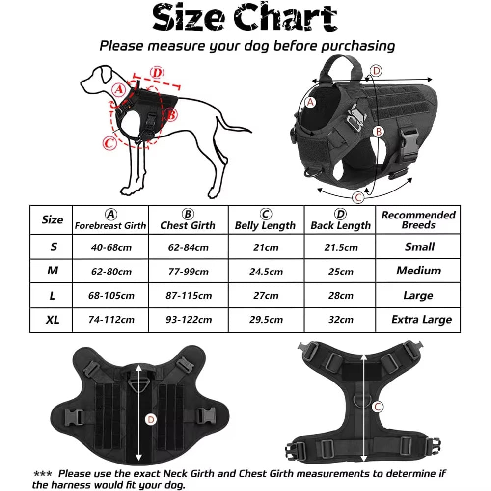 Wefulfil size chart for Tactical Service Dog Vest Harness showing measurements for forebreast girth chest girth belly and back length