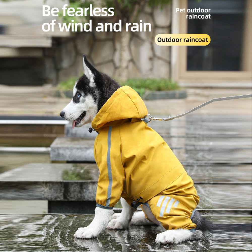 Wefulfil waterproof dog raincoat with hood worn by a yellow husky puppy with reflective stripes and leash on wet stairs