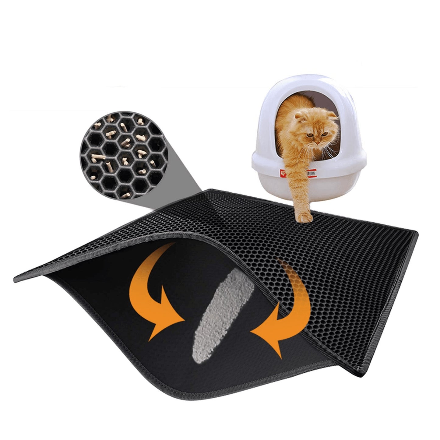 Wefulfil Trapping Kitty Litter Mat black honeycomb design capturing litter with cat exiting litter box