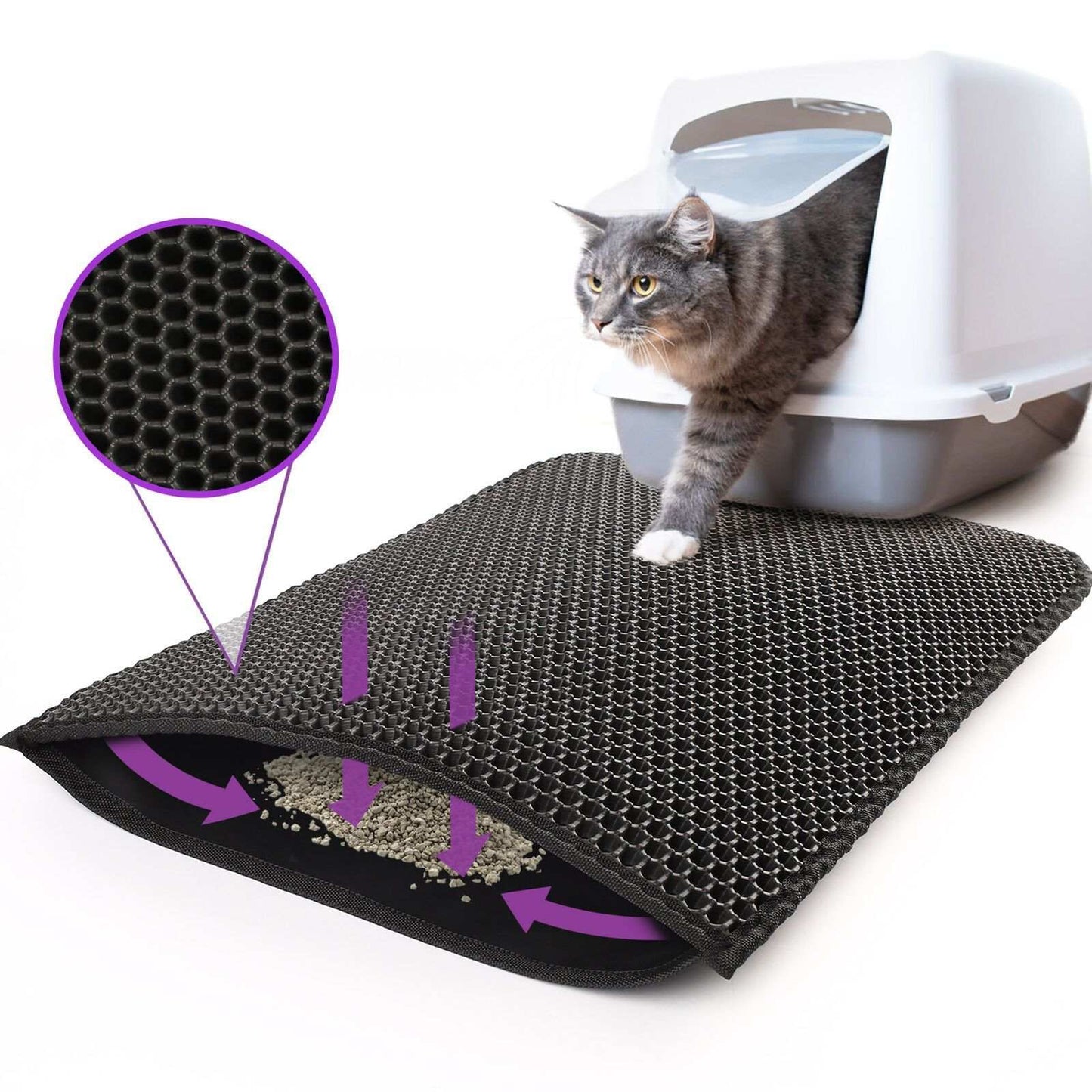 Wefulfil Trapping Kitty Litter Mat with honeycomb design capturing litter from cat exiting covered litter box