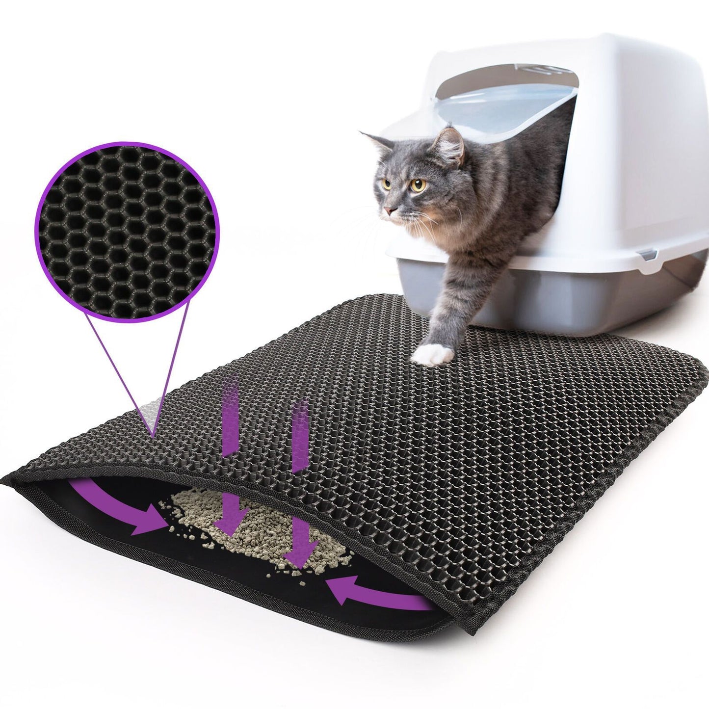 Wefulfil Trapping Kitty Litter Mat with honeycomb texture capturing litter from cat exiting covered litter box