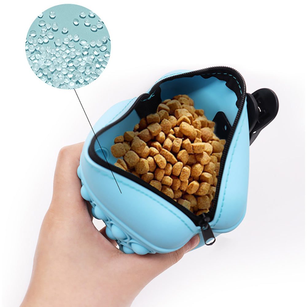 Wefulfil blue Treat Pouch Bag filled with pet treats held in hand showing water-resistant silicone material