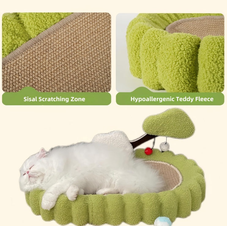 Wefulfil Tree Scratching Post with sisal scratching zone and hypoallergenic teddy fleece featuring a white cat resting