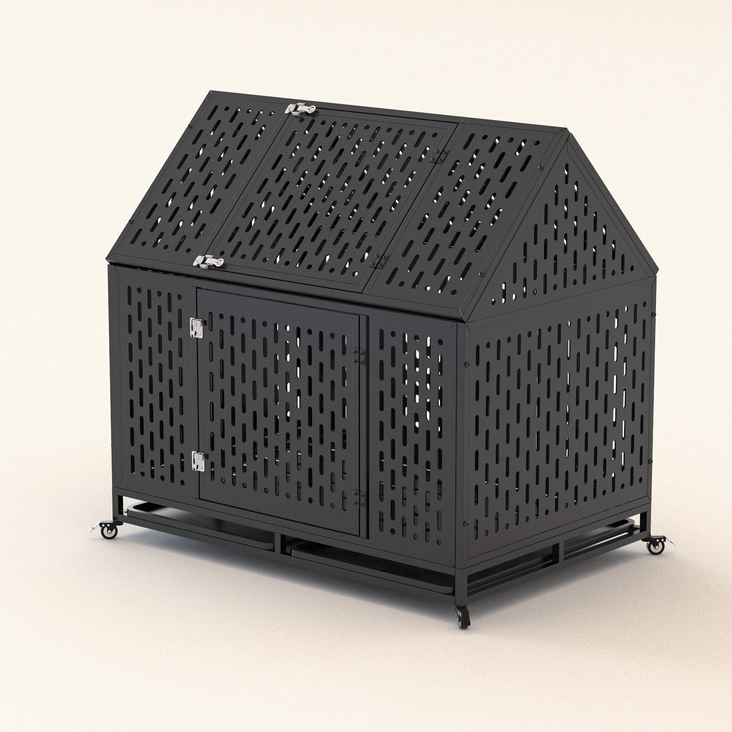Wefulfil heavy duty dog crate black metal ventilated house style kennel with lockable door and caster wheels