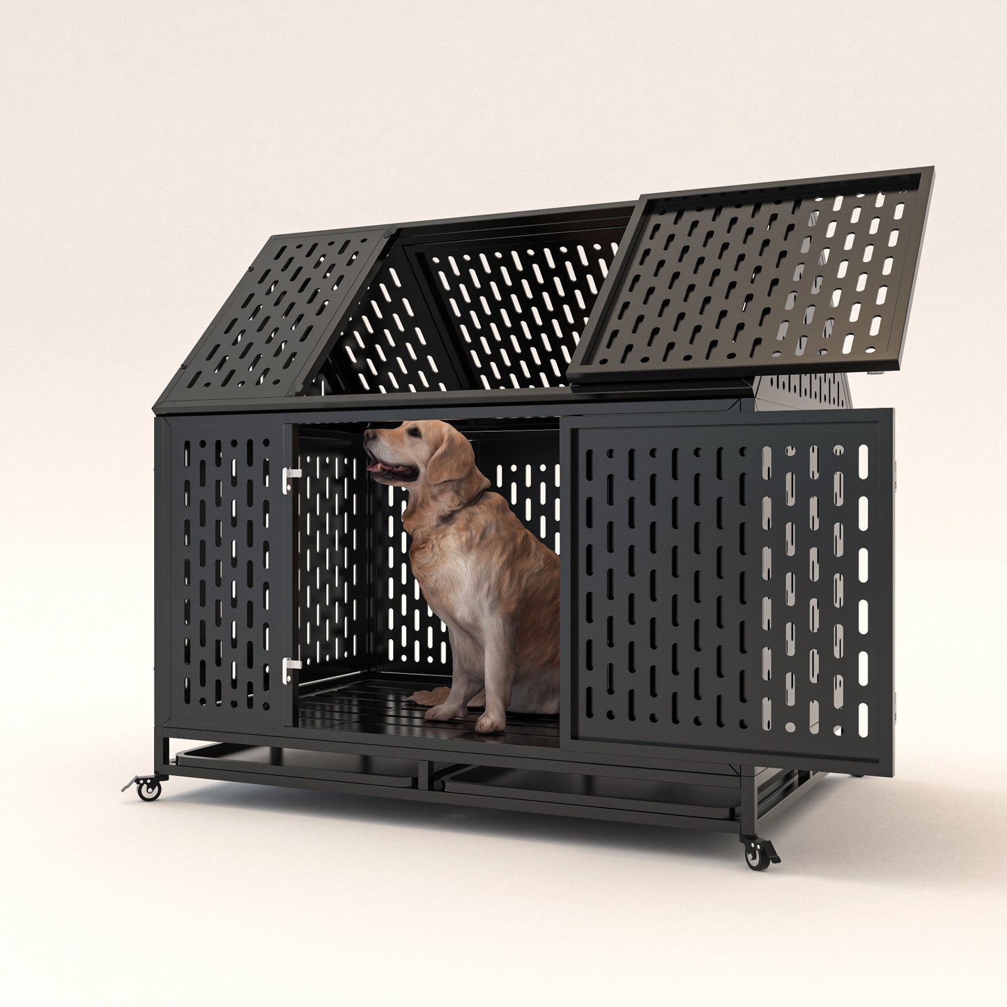 Wefulfil heavy duty dog crate metal kennel with casters and top access doors housing a Labrador