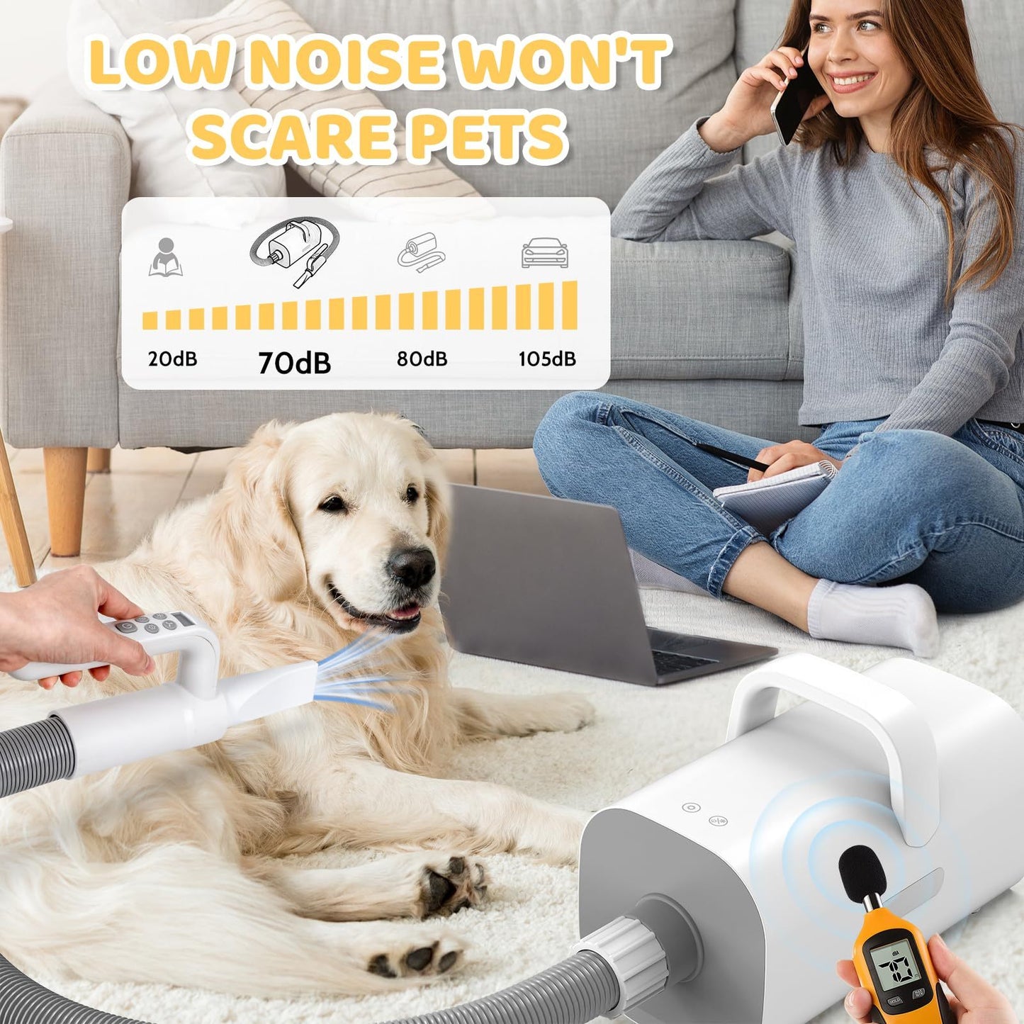 Wefulfil Pet Grooming Vacuum Cleaner with low noise level safe for pets shown grooming a golden retriever