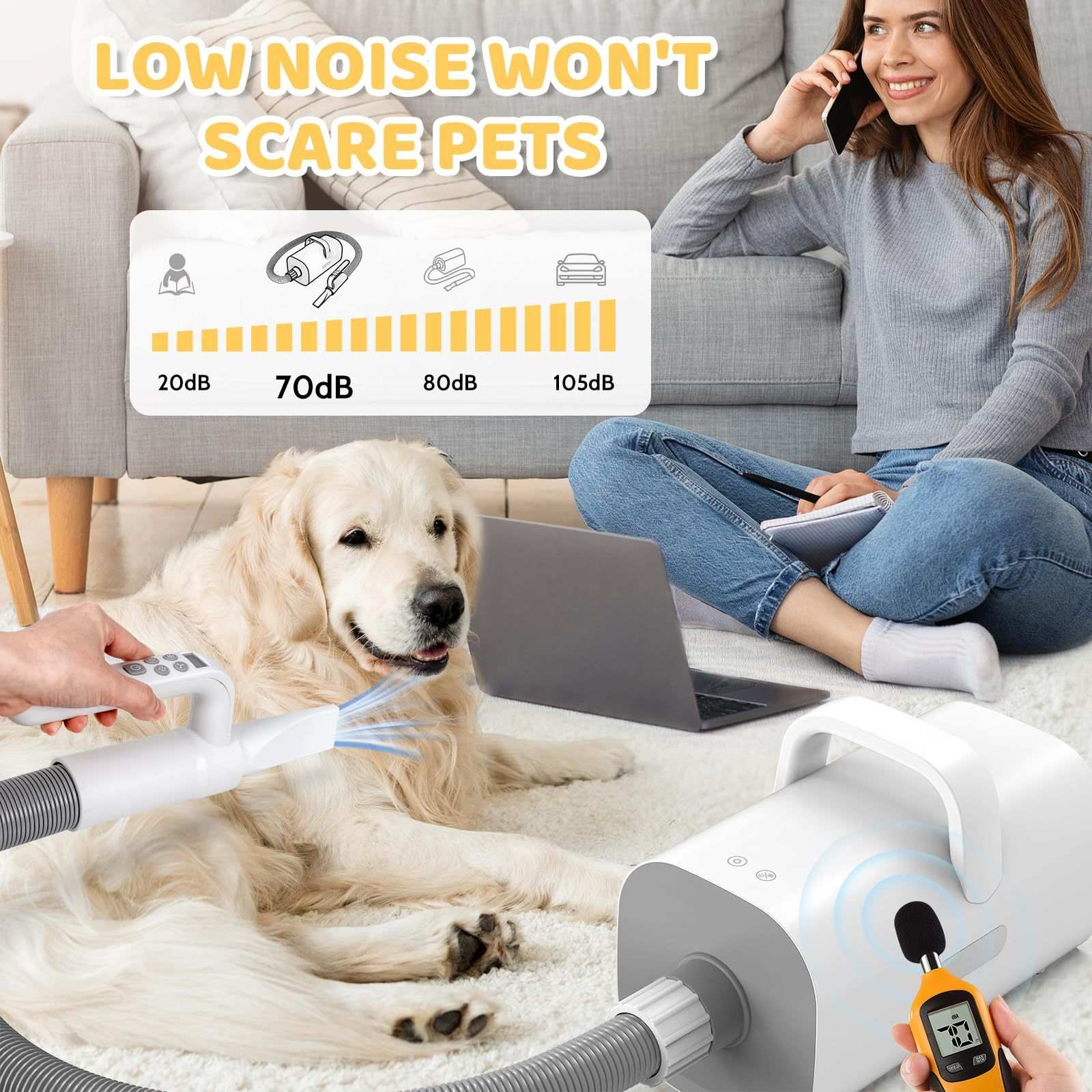 Wefulfil Pet Grooming Vacuum Cleaner with low noise level safe for pets shown grooming a golden retriever