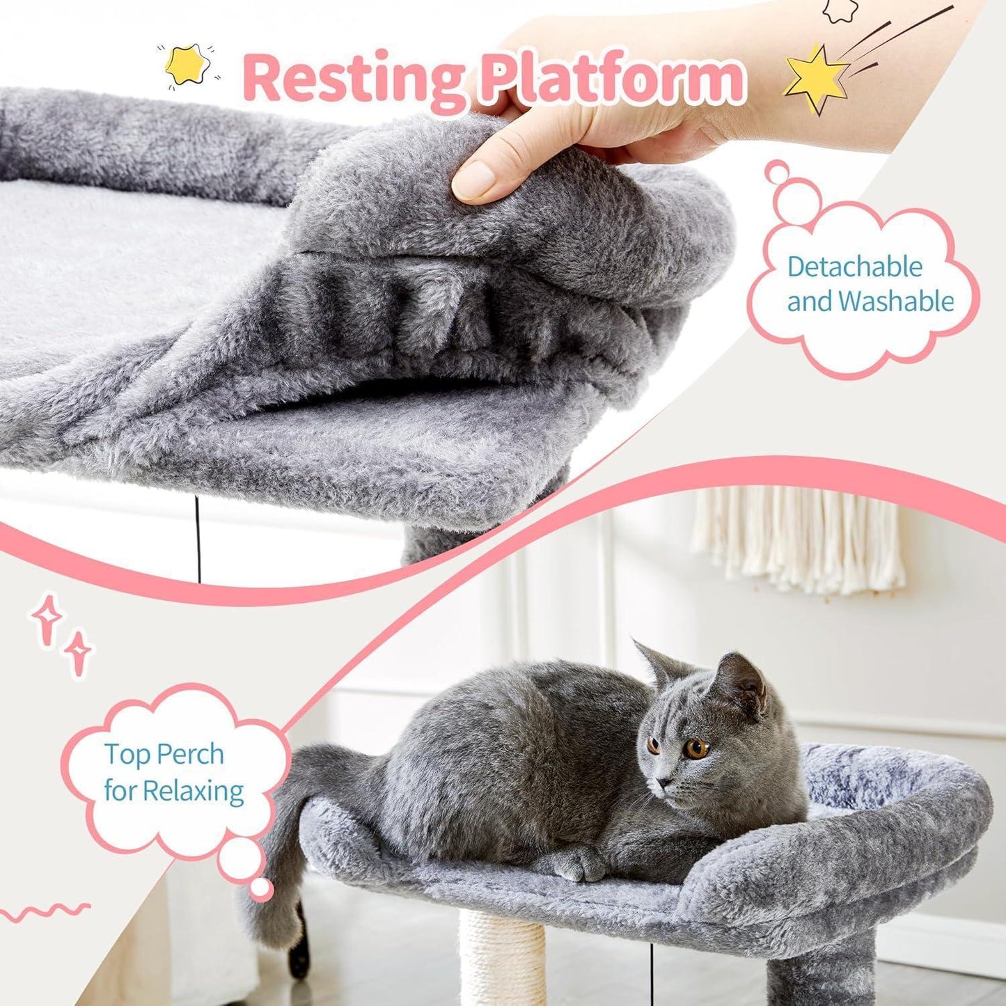 Wefulfil 4-in-1 cat tree tower with detachable washable gray plush resting platform and top perch showing lounging cat