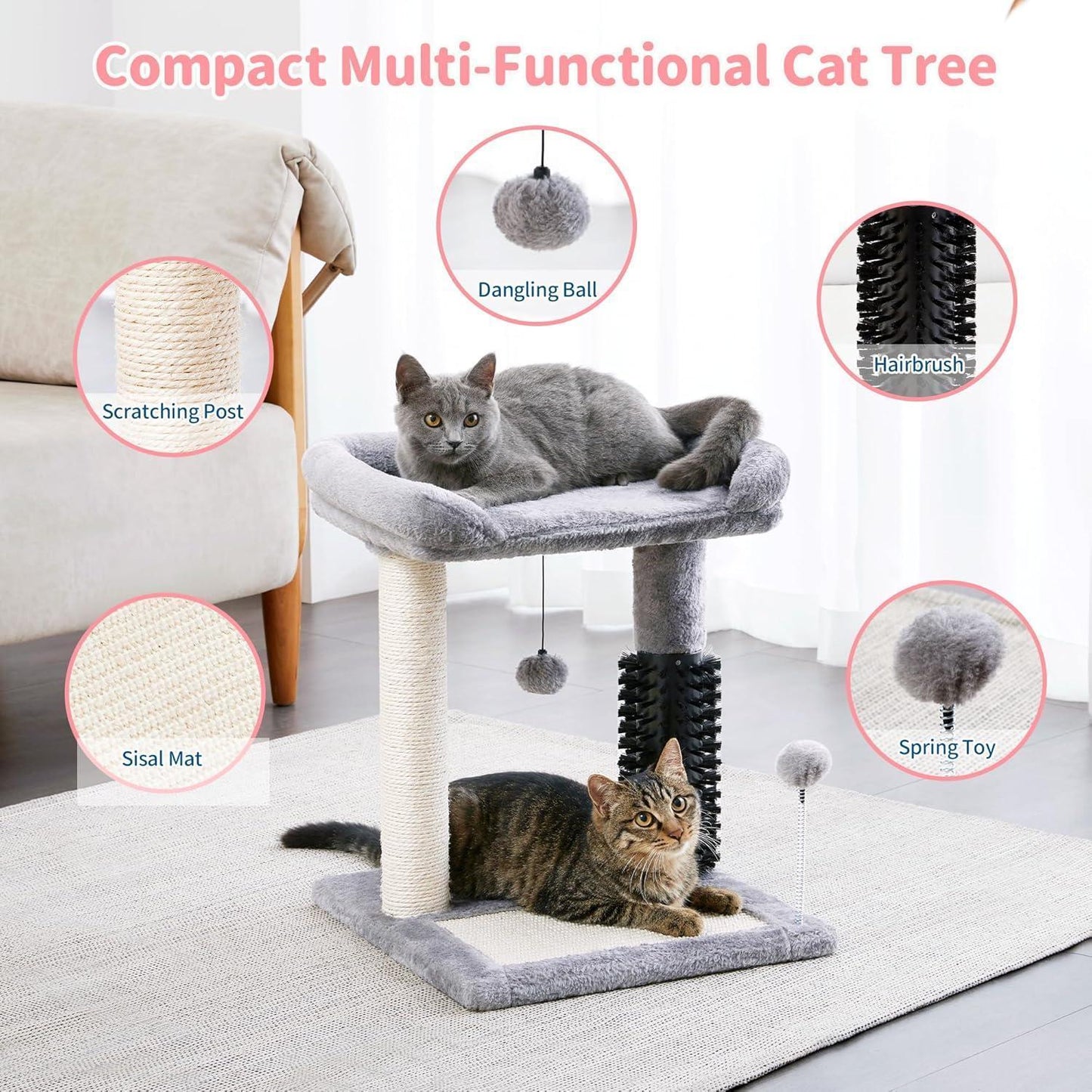 4-in-1 cat tree tower gray plush compact cat tree with top perch scratching post sisal mat with two cats