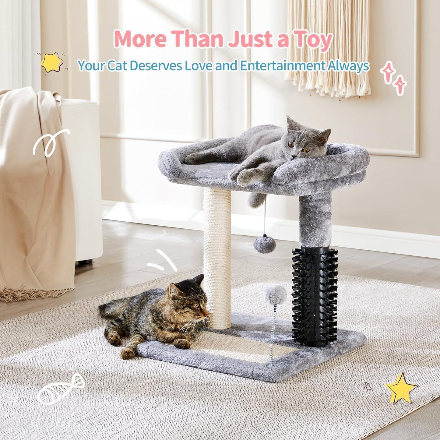 Wefulfil 4-in-1 cat tree tower gray plush with elevated bed sisal scratching posts and hanging toys