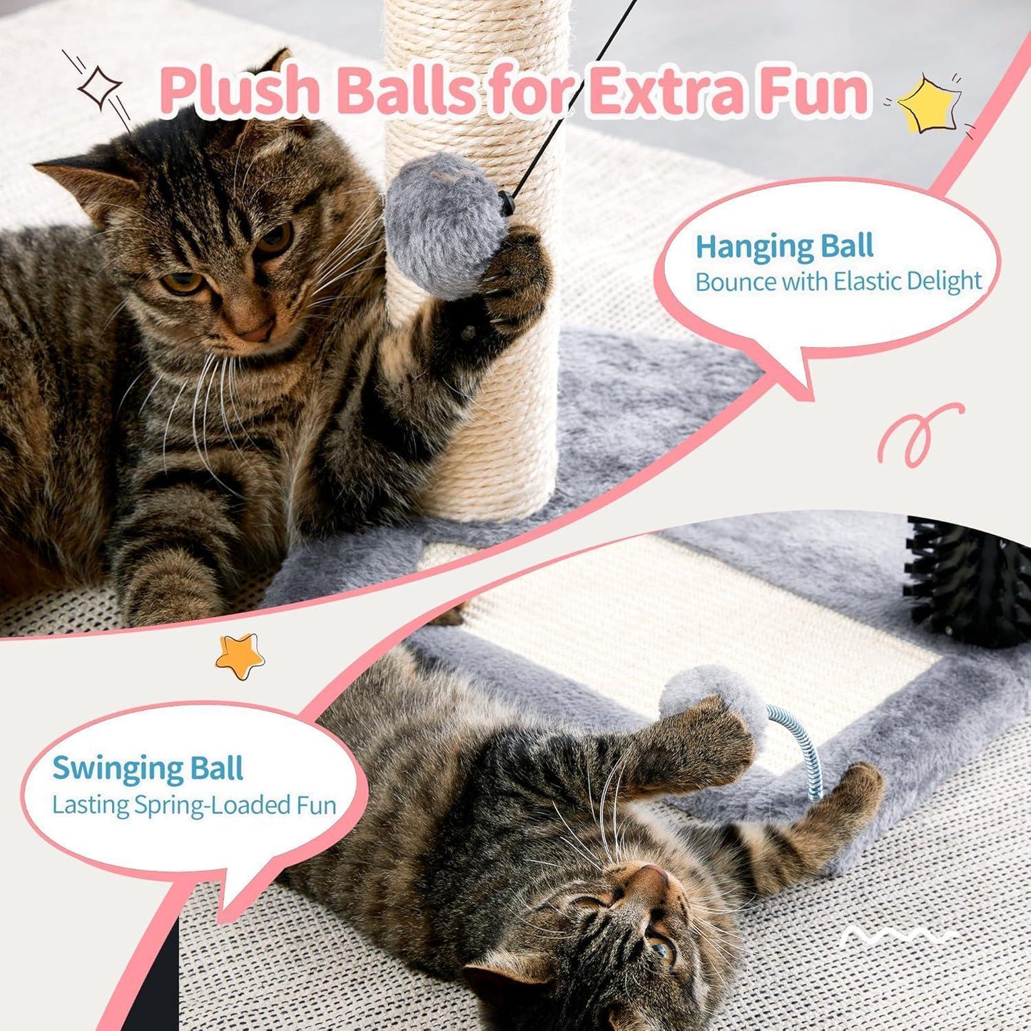 Wefulfil 4-in-1 cat tree tower showing tabby cat playing with hanging plush ball and swinging toy
