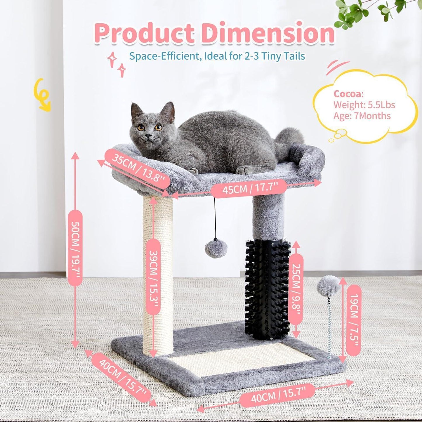 Wefulfil 4-in-1 cat tree tower with plush perch sisal scratching post roller massager and dangling pom pom with gray cat