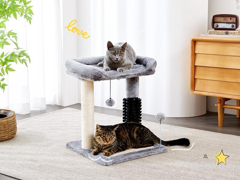 Wefulfil 4-in-1 cat tree tower gray plush top perch and base with sisal posts grooming roller dangling toys shown with two cats