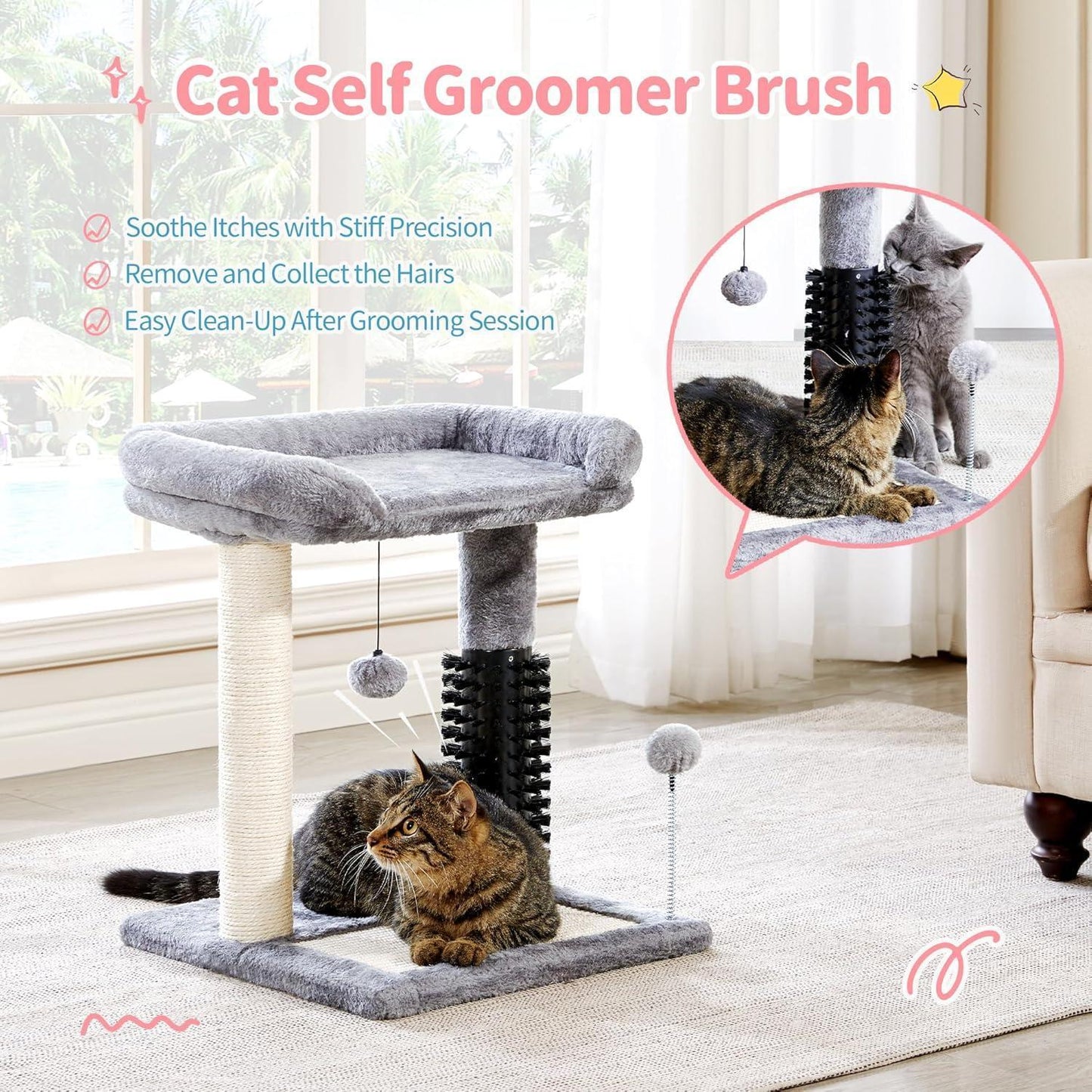 Wefulfil 4-in-1 cat tree tower in gray with plush top bed sisal scratching posts grooming brush and dangling toys and two cats