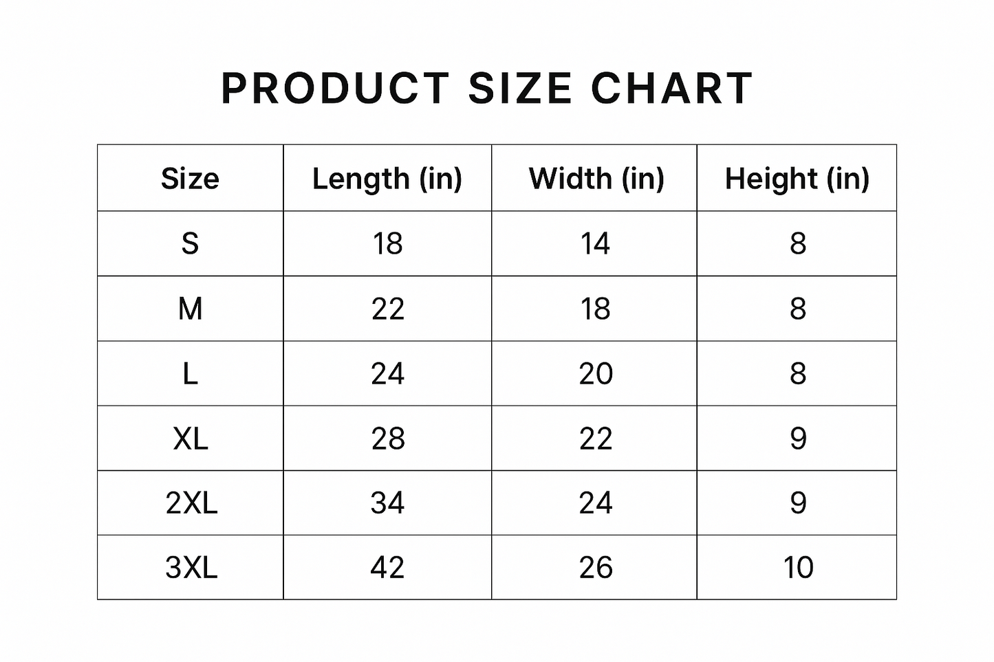 Updated Product Size Chart