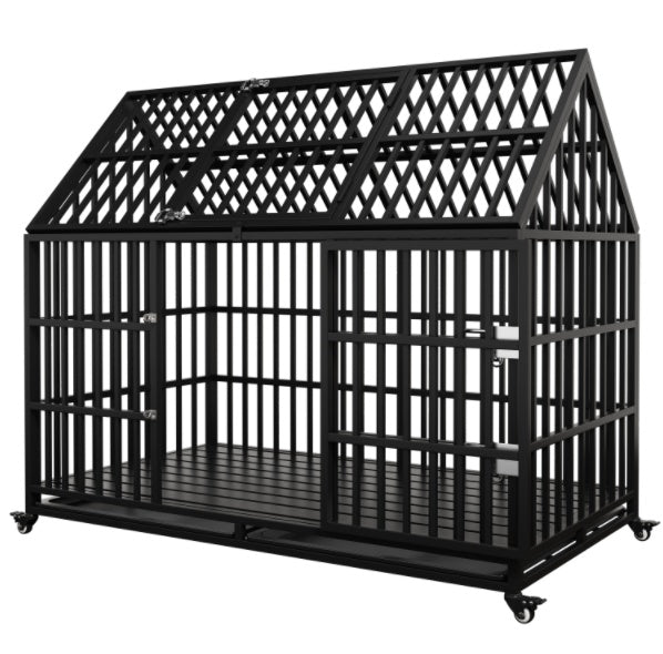 Wefulfil black heavy duty steel Dog Crate For Large Dogs with peaked roof wheels and slide tray