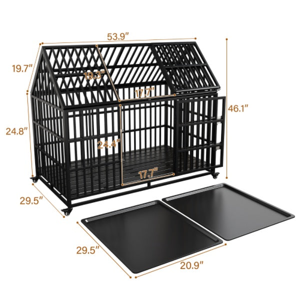Wefulfil black metal house style Dog Crate For Large Dogs with wheels and two removable plastic trays