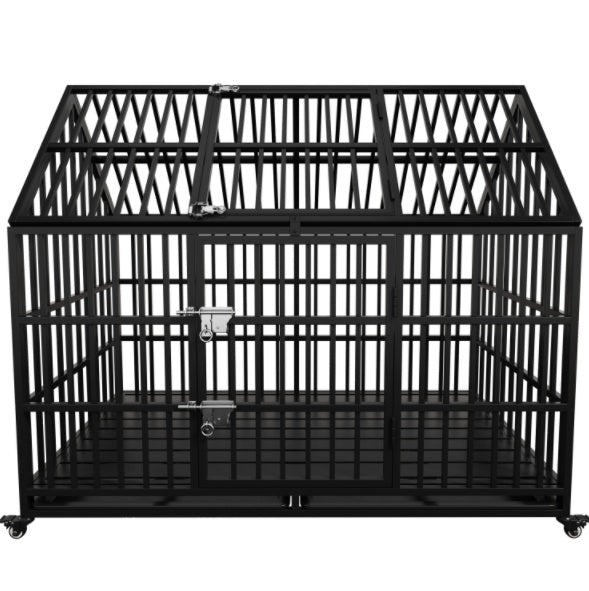 Wefulfil black heavy duty steel Dog Crate For Large Dogs with top access doors dual latches and wheels