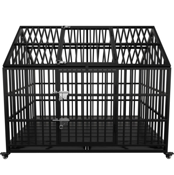 Wefulfil heavy duty black steel Dog Crate For Large Dogs with lockable double doors, rolling casters and removable tray