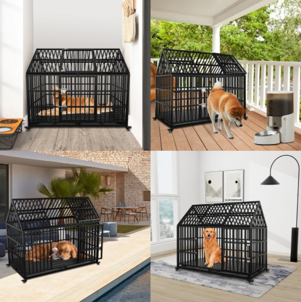 Wefulfil black metal house style Dog Crate For Large Dogs shown in four room and patio scenes with large dogs
