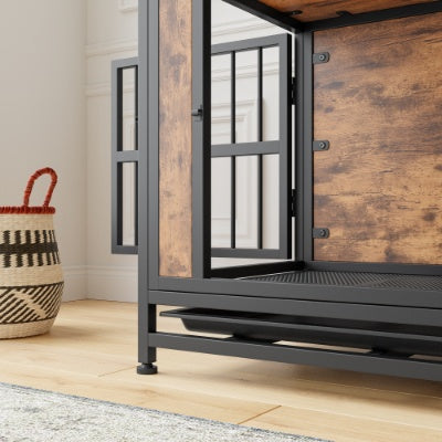 Wefulfil wooden dog crate table with metal frame open door removable tray modern living room