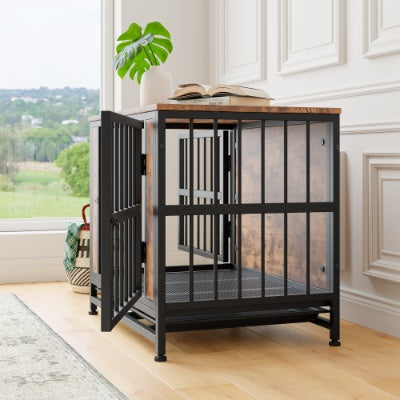 Wefulfil wooden dog crate table with black metal frame and wood top doubles as end table for small dogs