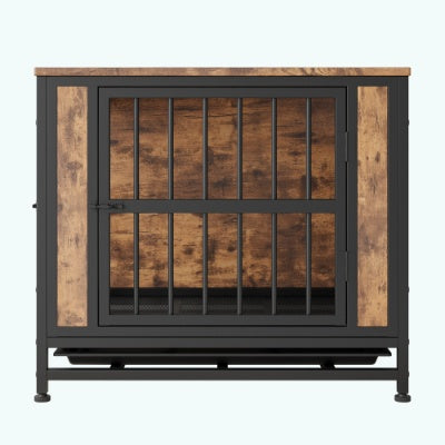 Wefulfil wooden dog crate table with rustic wood panels and black metal frame front barred door and removable tray