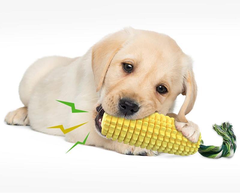 Puppy chewing on Wefulfil Corn-Shaped Dog Chew Toy with textured surface and rope handle