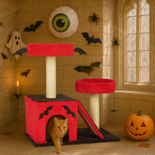 Wefulfil Gothic Cat Tree in red and black with themed Halloween decorations and a cat playing