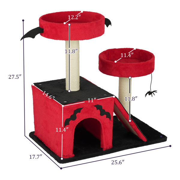 Wefulfil Gothic Cat Tree in red and black with bat wings, spider toy, and multi-level scratching posts