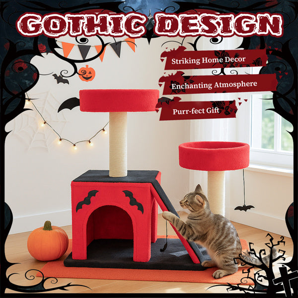 Wefulfil Gothic Cat Tree in red and black with bats design and scratching posts for cats