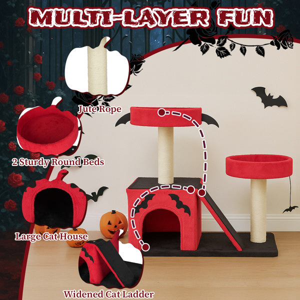 Wefulfil Gothic Cat Tree in red with jute rope posts, two round beds, large cat house, and widened ladder