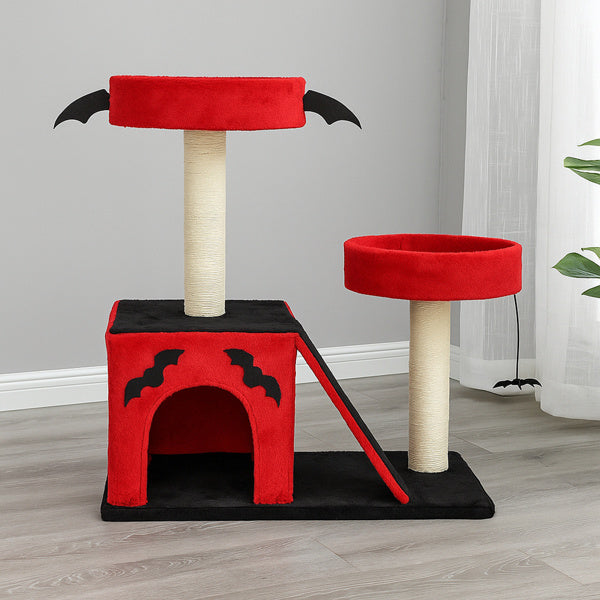 Wefulfil Gothic Cat Tree in red and black with bat wing accents and scratching posts for cats