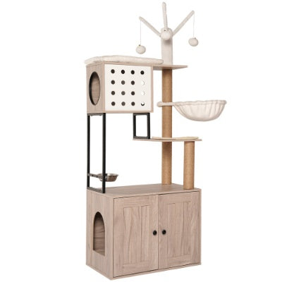 Wefulfil Modern Cat Condo Tree with multiple levels, hanging toys, and cozy resting areas