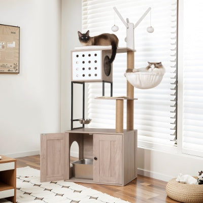 Wefulfil modern cat condo tree with multiple levels including a cube, hammock, and wooden base with two cats lounging