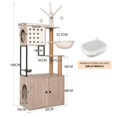 Wefulfil Modern Cat Condo Tree with multiple platforms, hanging toys, hammock, and enclosed litter box