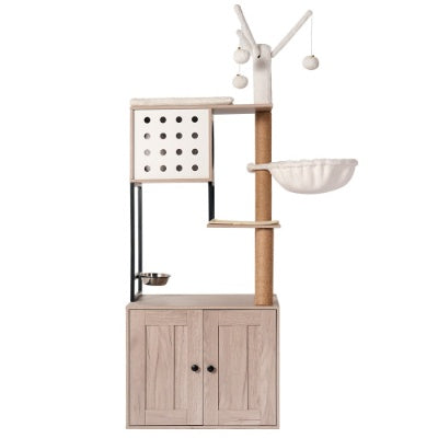 Wefulfil Modern Cat Condo Tree with wooden base, cozy hammock, playful hanging balls, and enclosed hideout