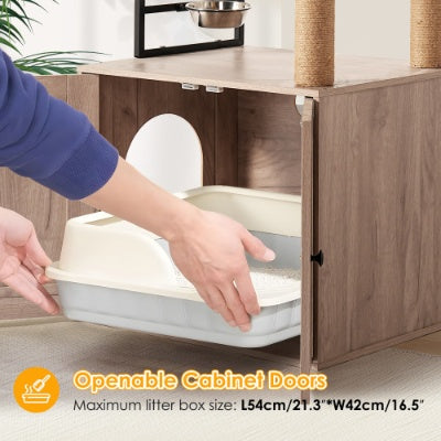 Wefulfil Modern Cat Condo Tree with openable cabinet doors for easy litter box access