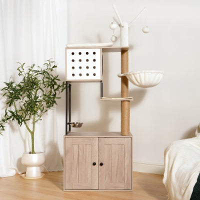 Wefulfil Modern Cat Condo Tree with wooden base, hanging bed, and white cube for cats to play and rest