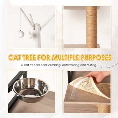 Wefulfil Modern Cat Condo Tree with hanging toys, scratching post, stainless steel bowl, and removable mat