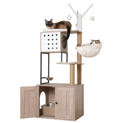 Wefulfil Modern Cat Condo Tree with multiple levels, cozy hammock, and playful hanging balls for cats