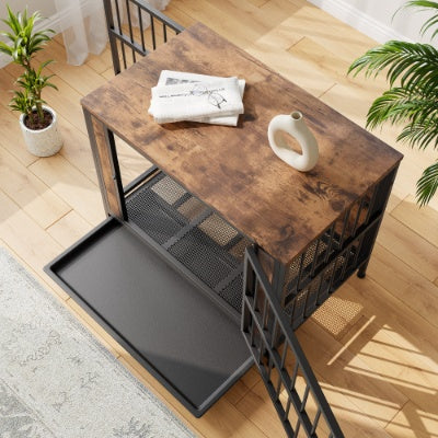 Wefulfil Wood and Metal Dog Crate with rustic wood top and black metal frame in bright living room