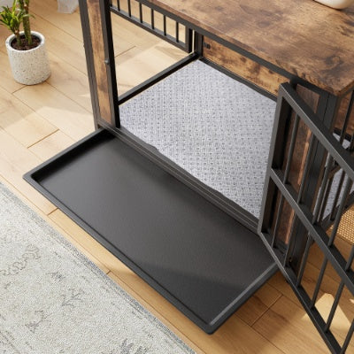 Wefulfil Wood and Metal Dog Crate with pull-out tray on hardwood floor next to plant