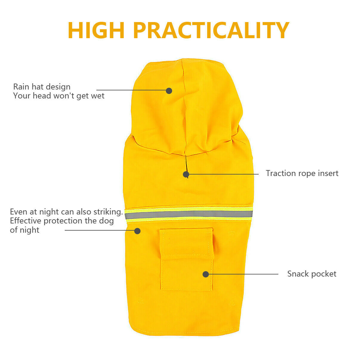 Wefulfil Waterproof Dog Rain Jacket in yellow with rain hat design, traction rope insert, snack pocket, and reflective strip