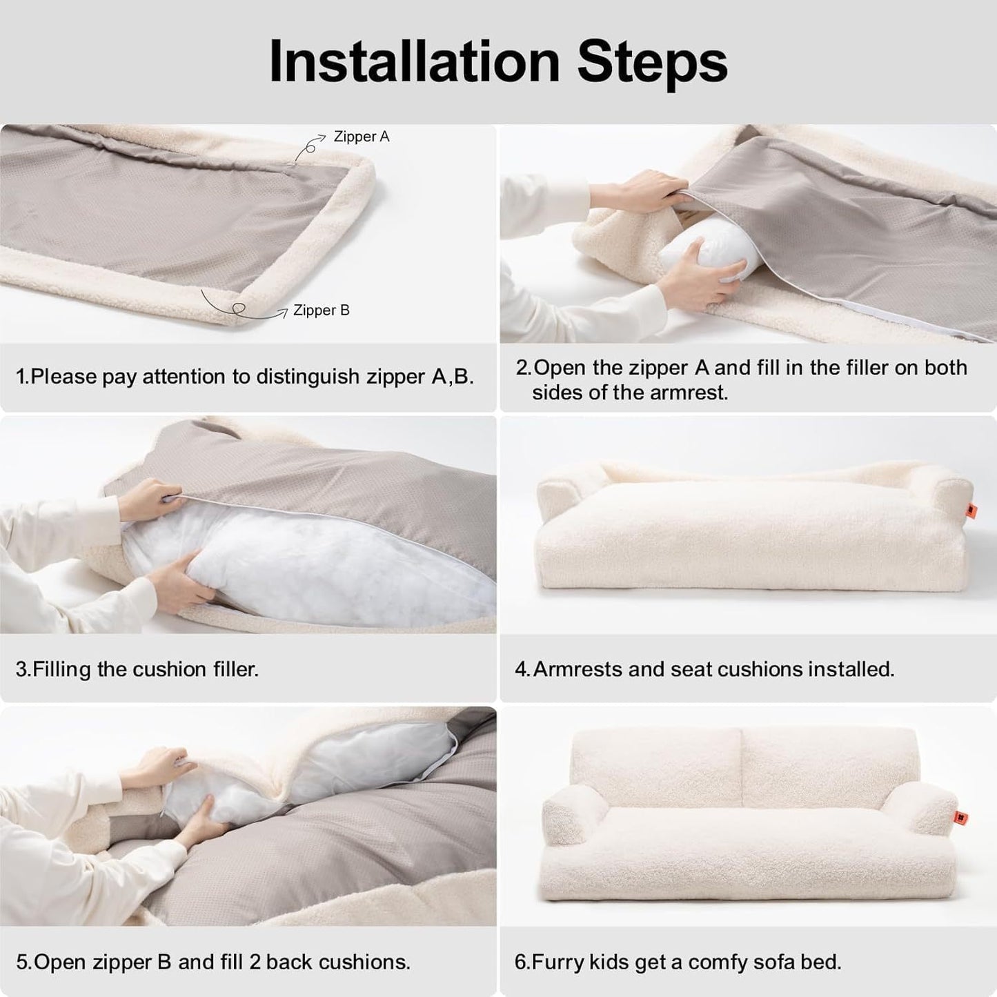 Step-by-step installation guide showing how to assemble a waterproof pet bed with zippers and cushions
