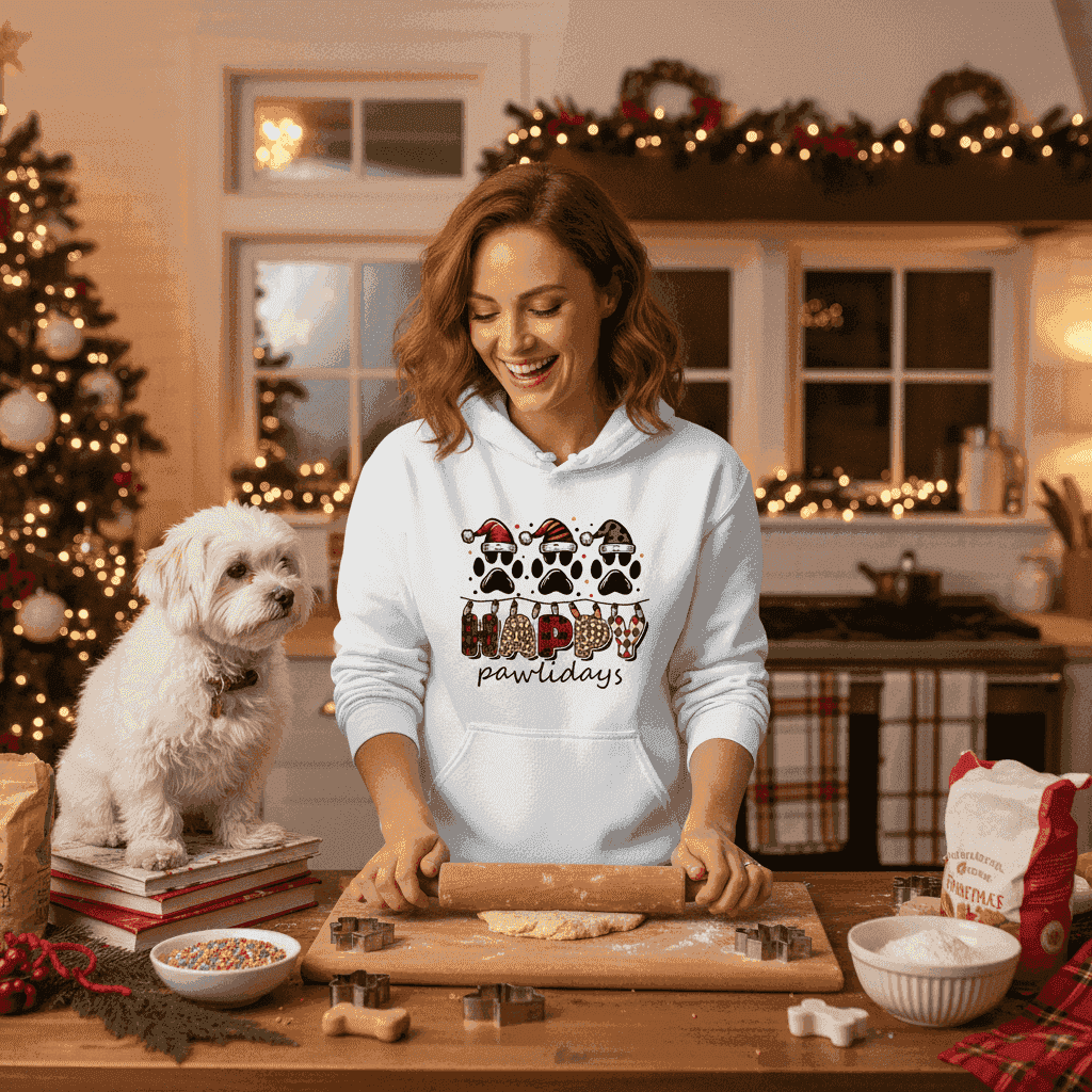 White Happy Pawlidays Hoodie Christmas Lifestyle