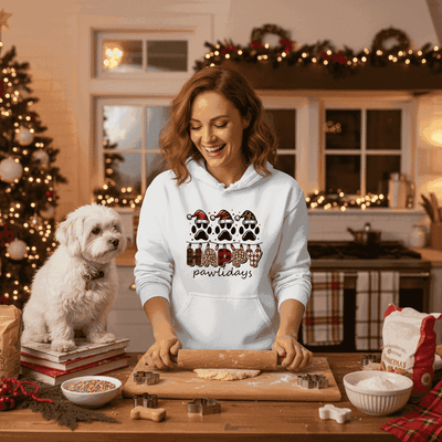 White Happy Pawlidays Hoodie Christmas Lifestyle