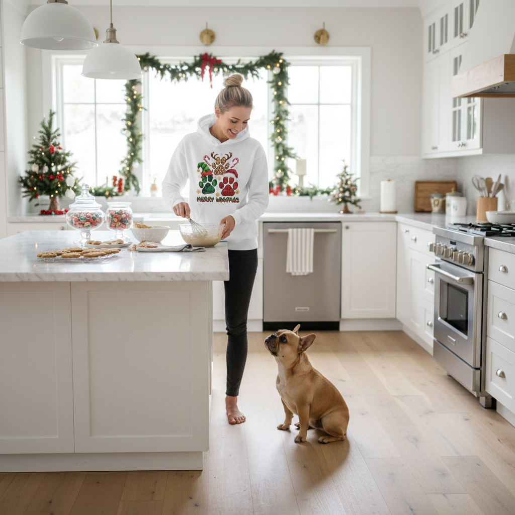 White Merry Woofmas Hoodie Lifestyle