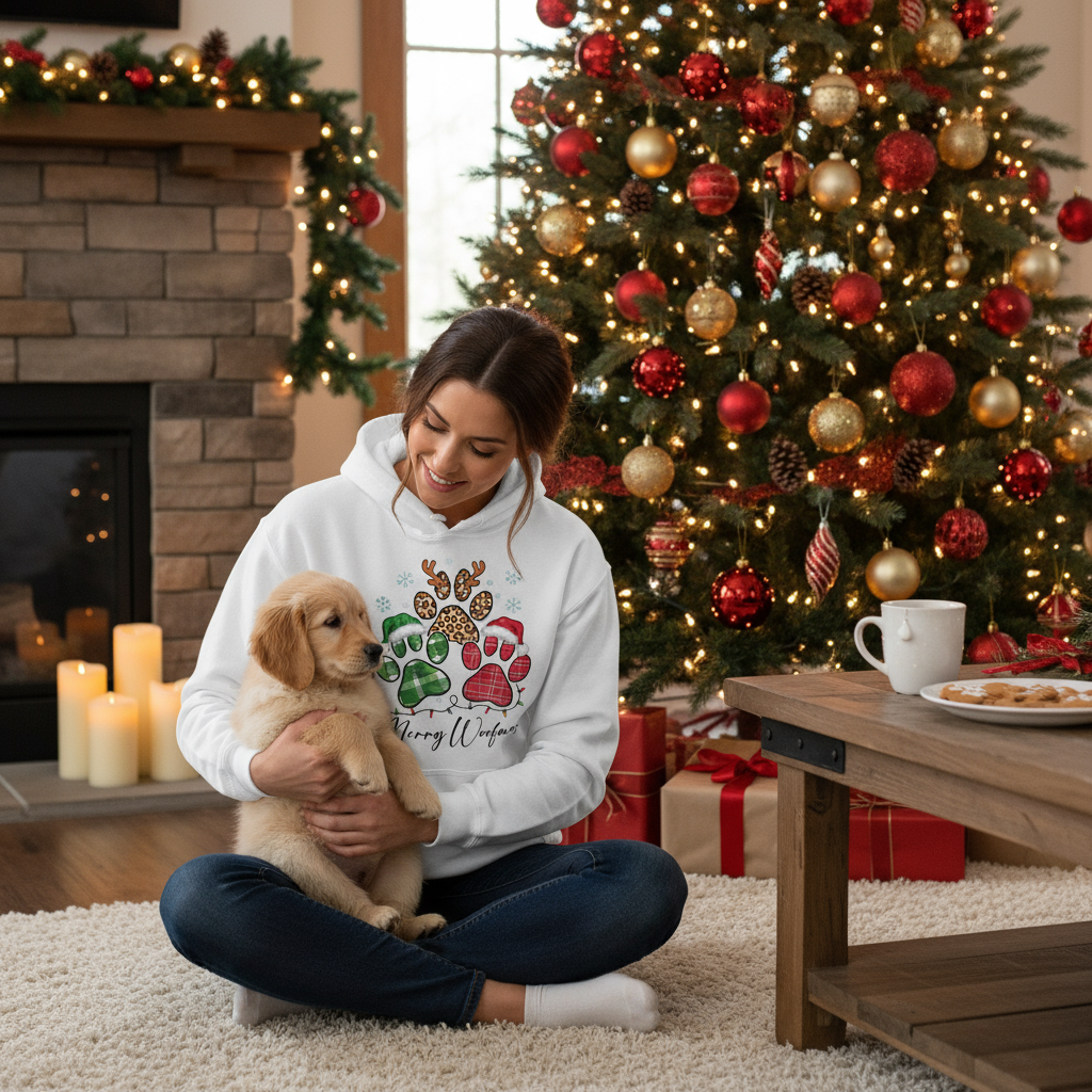 White Merry Woofmas Hoodie Lifestyle