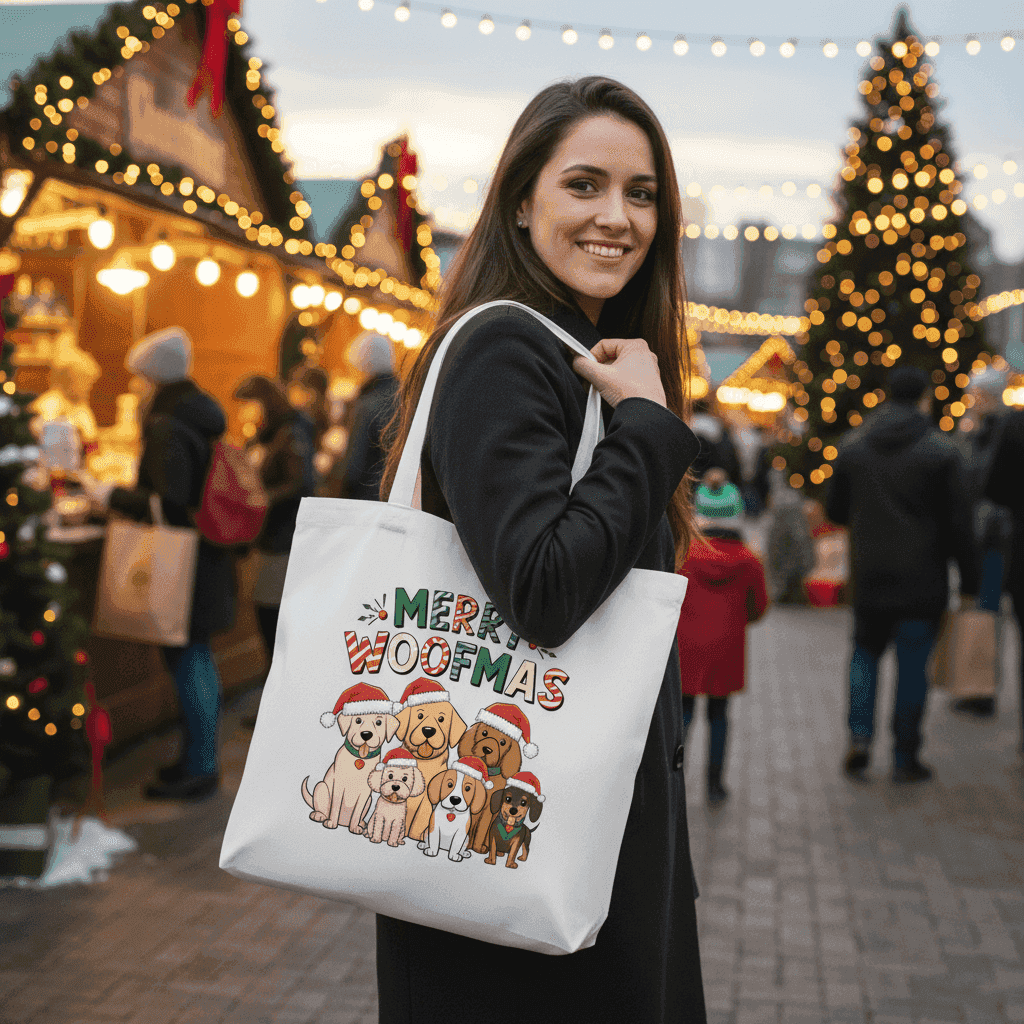 Merry Woofmas Holiday Tote with Festive Dogs - Canvas Gift Bag - Purrfect Pet Haven